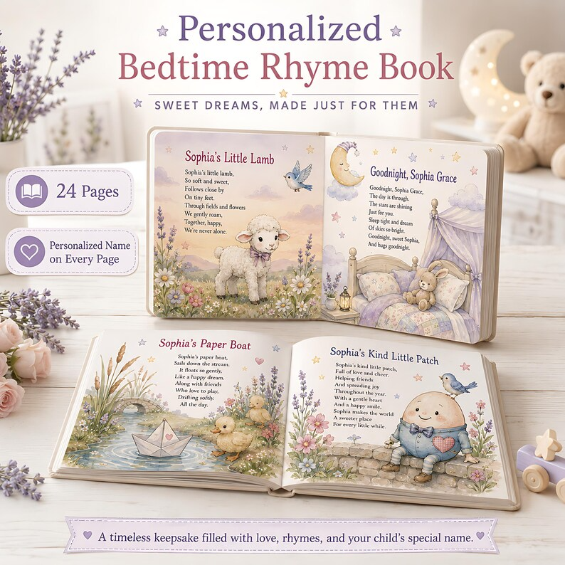 Personalized Nursery Rhymes Book, Custom Baby Name Bedtime Story, Baby Shower Gift for Boy or Girl, First Birthday Keepsake Hardcover Book
